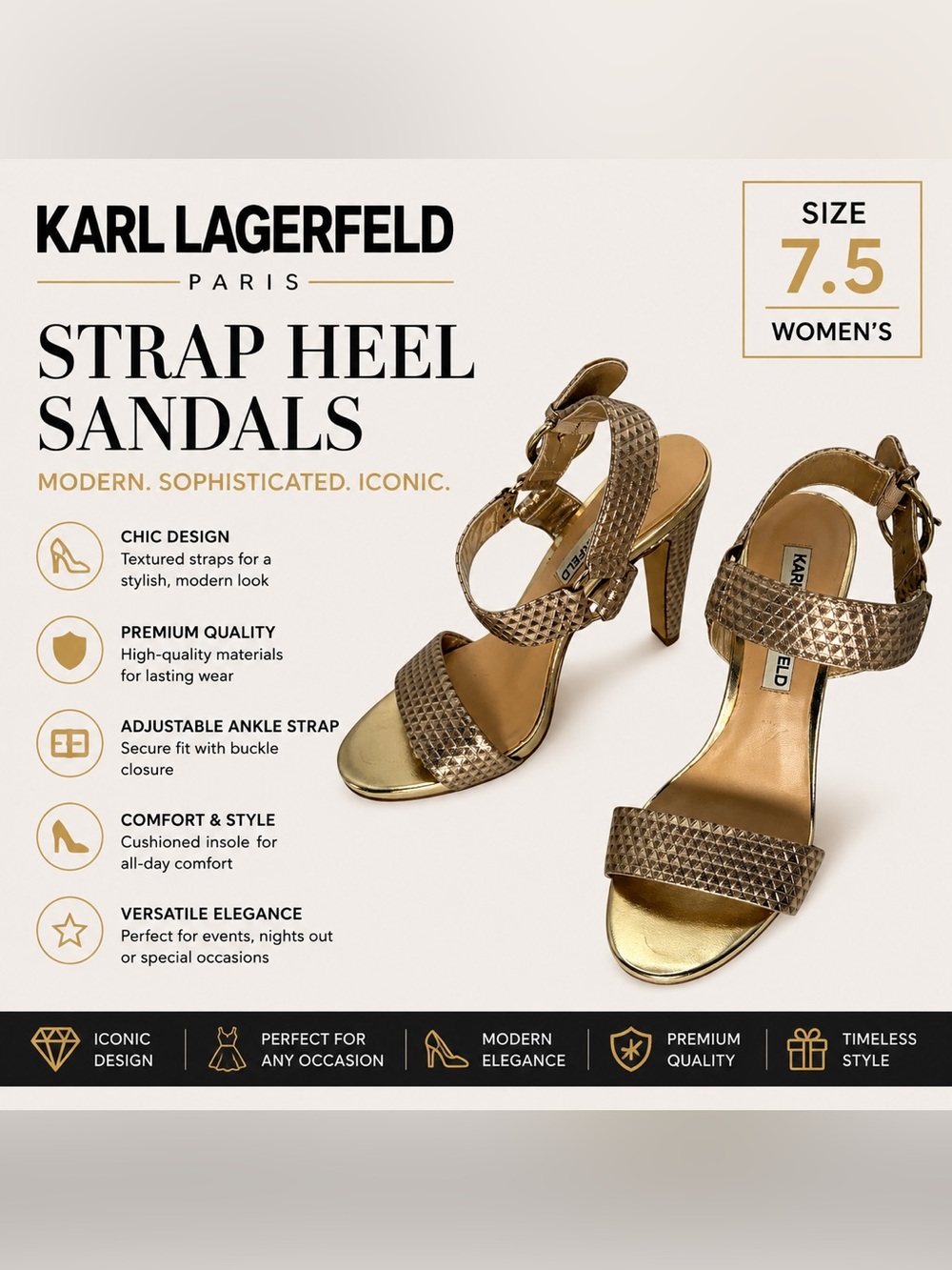 Karl Lagerfeld Paris Metallic Gold Textured Heeled Sandals | Women’s Size 7.5